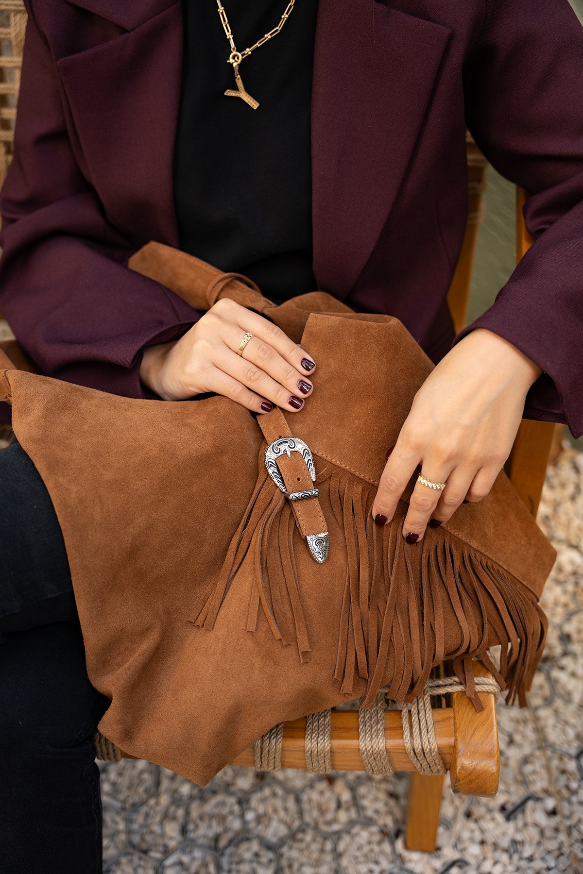 Teby Püsküllü Hakiki Deri Shopier Çanta - TABA