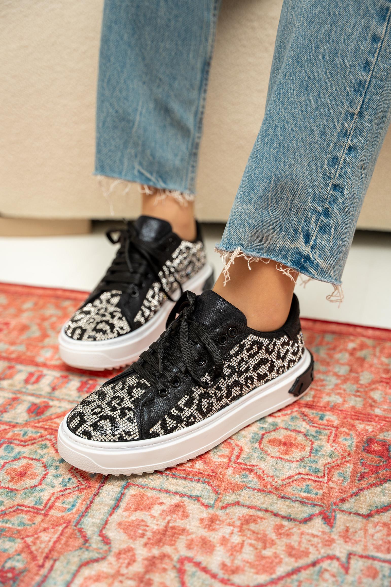 Comfy Leopar Desenli Spor Ayakkabı - Siyah-Silver