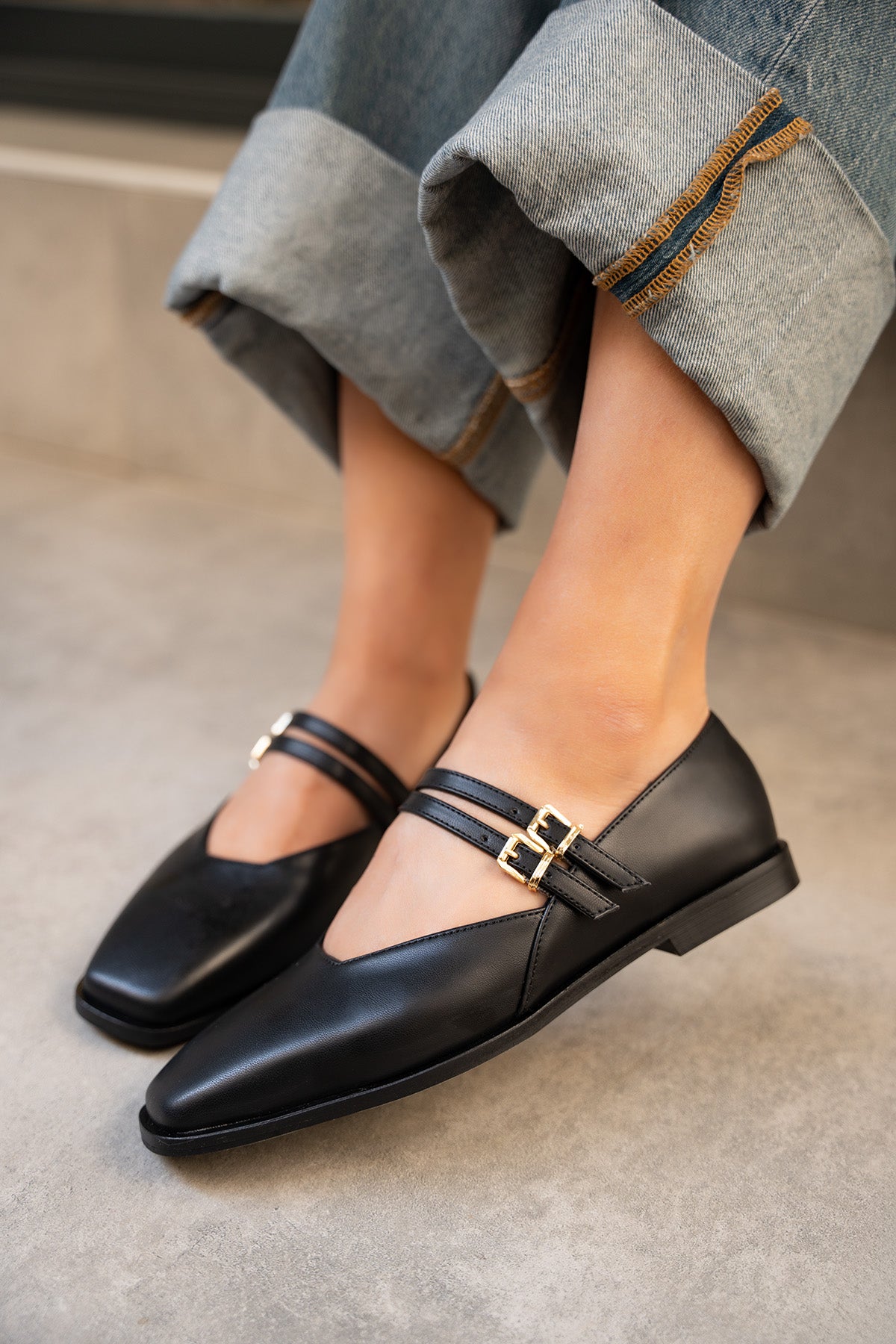 Jadon Çift Toka Detaylı Babet - SİYAH DERİ