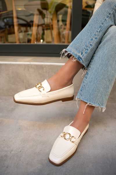 Biens Düz Taban Gold Detaylı Ayakkabı - EKRU DERİ
