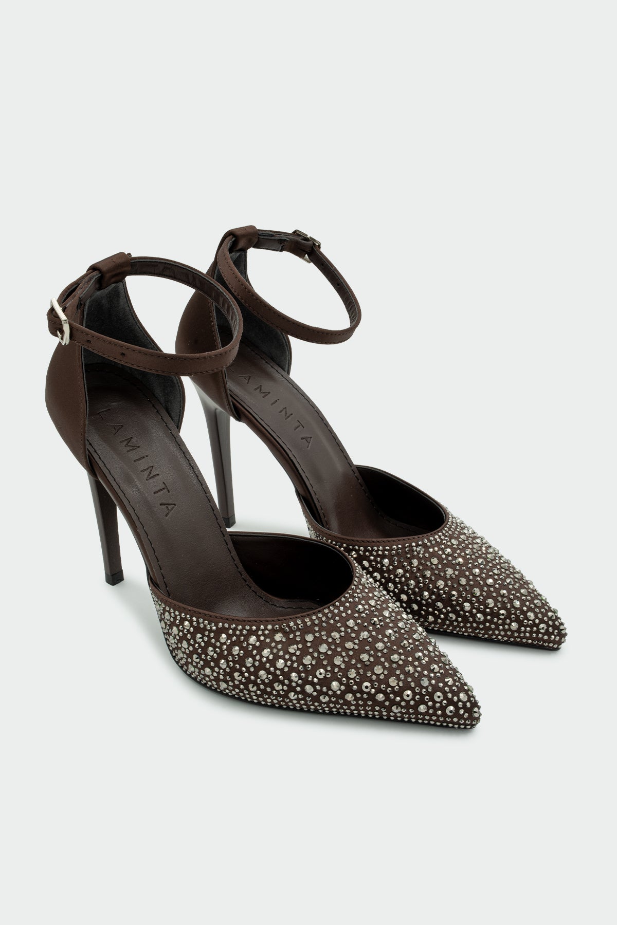 Talia Taş Detaylı Bilekten Bağlamalı Kadın Topuklu Ayakkabı - Acıkahve Saten