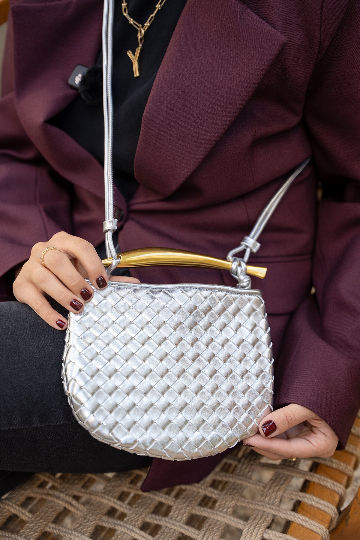 Long Örgü Detaylı Çapraz Çanta - Silver