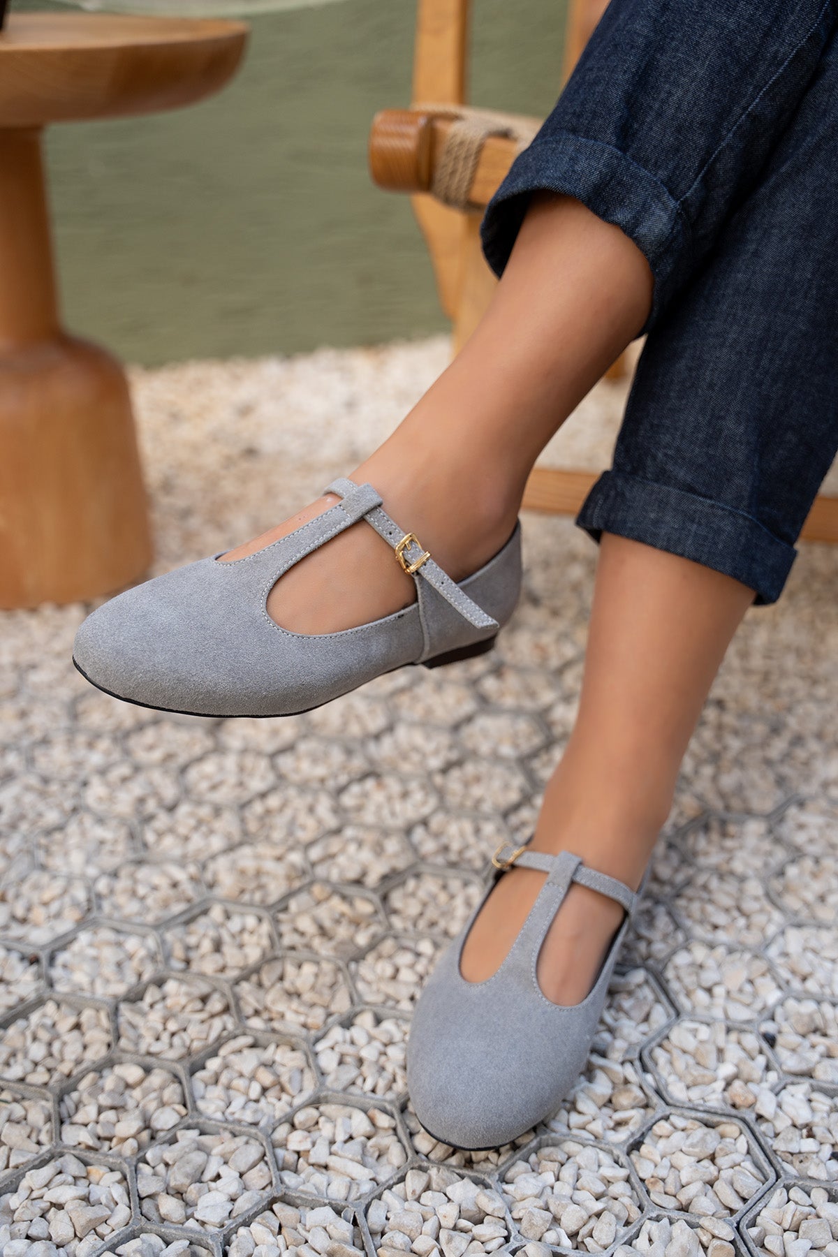 Judi Şerit Detaylı Babet - GRİ SÜET