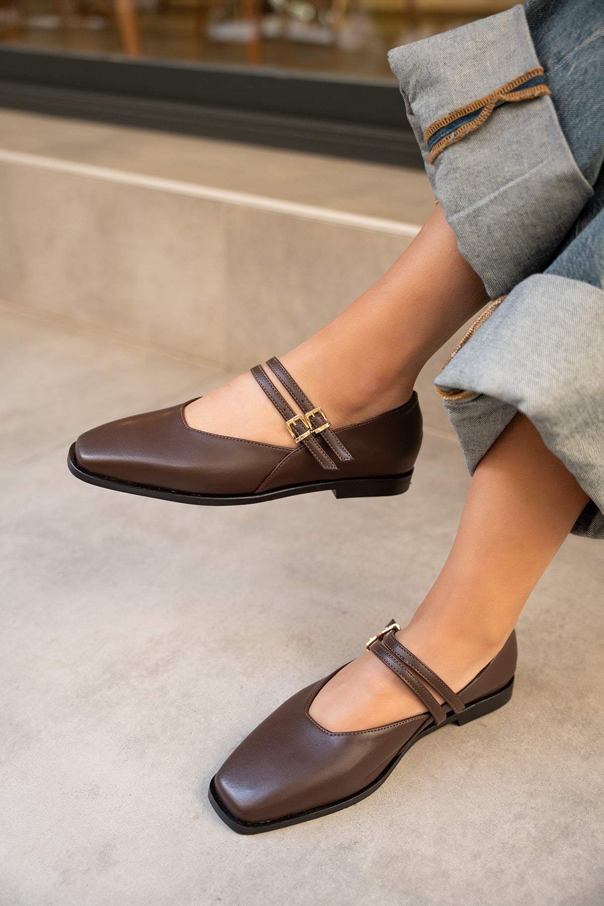 Jadon Çift Toka Detaylı Babet - AcıKahve Deri