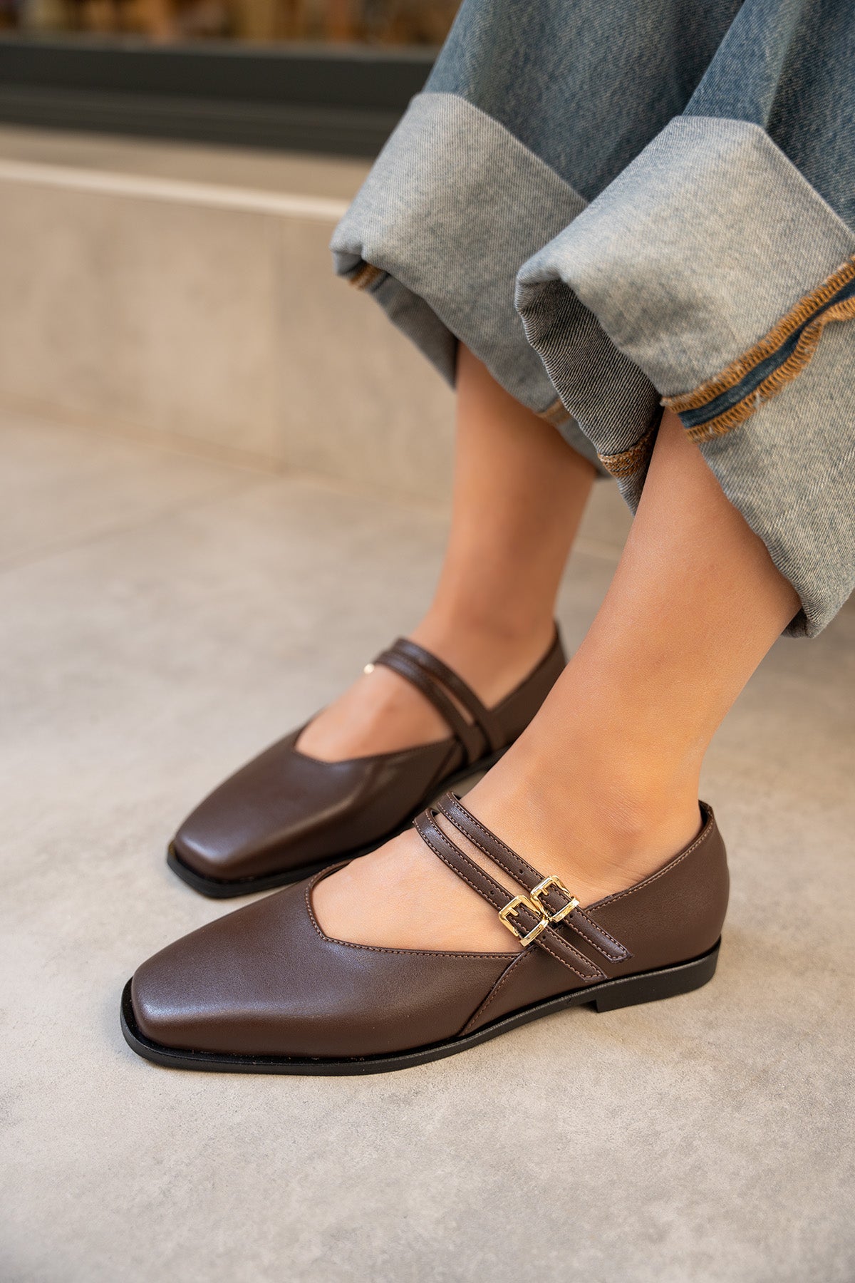 Jadon Çift Toka Detaylı Babet - AcıKahve Deri