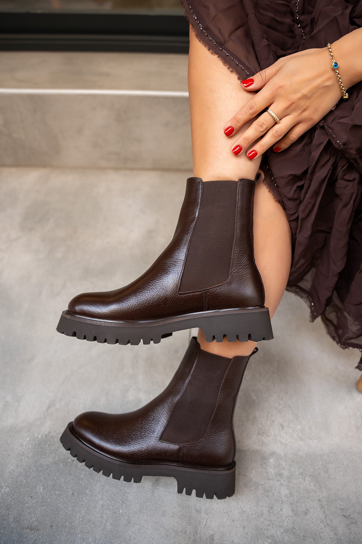 Audrey Lastikli Hakiki Deri Bot - ACI KAHVE