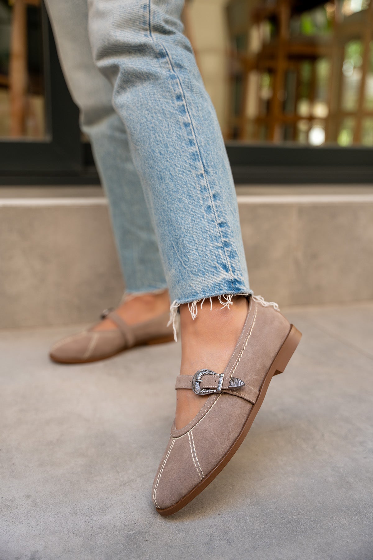 Opsis Düz Taban Kemer Detaylı Babet - VİZON SÜET