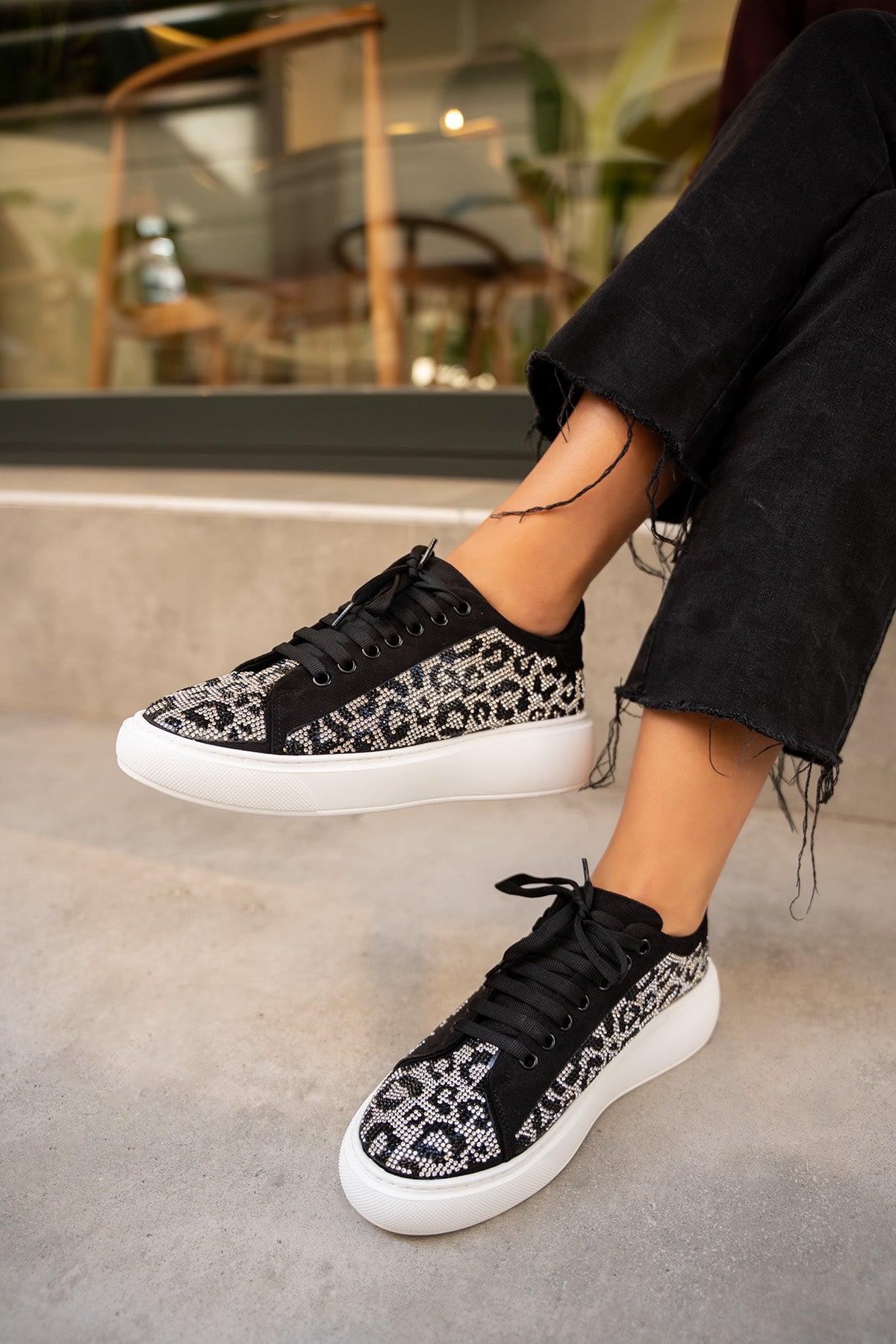 Comfy Leopar Desenli Spor Ayakkabı - Siyah-Silver