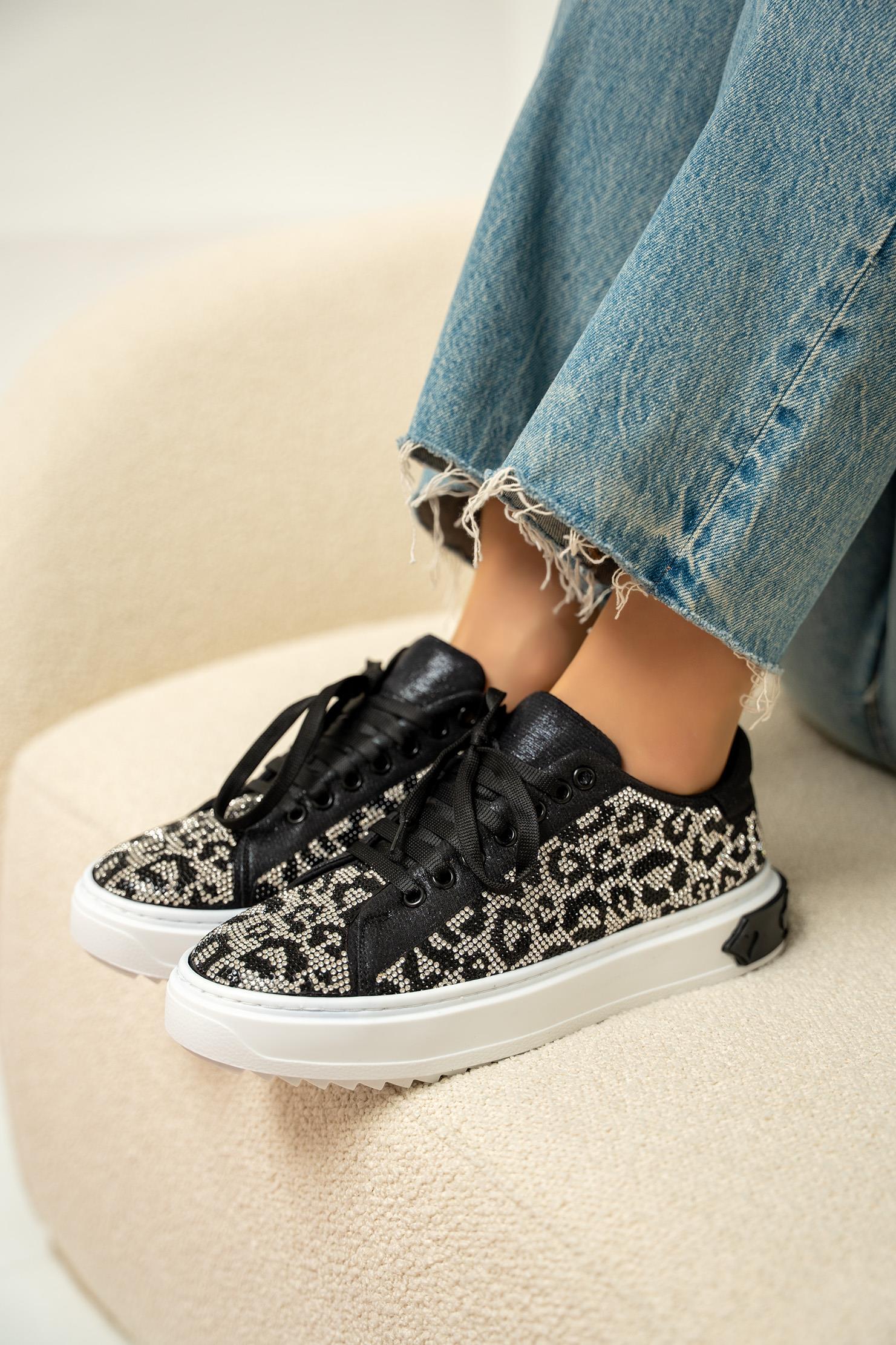 Comfy Leopar Desenli Spor Ayakkabı - Siyah-Silver