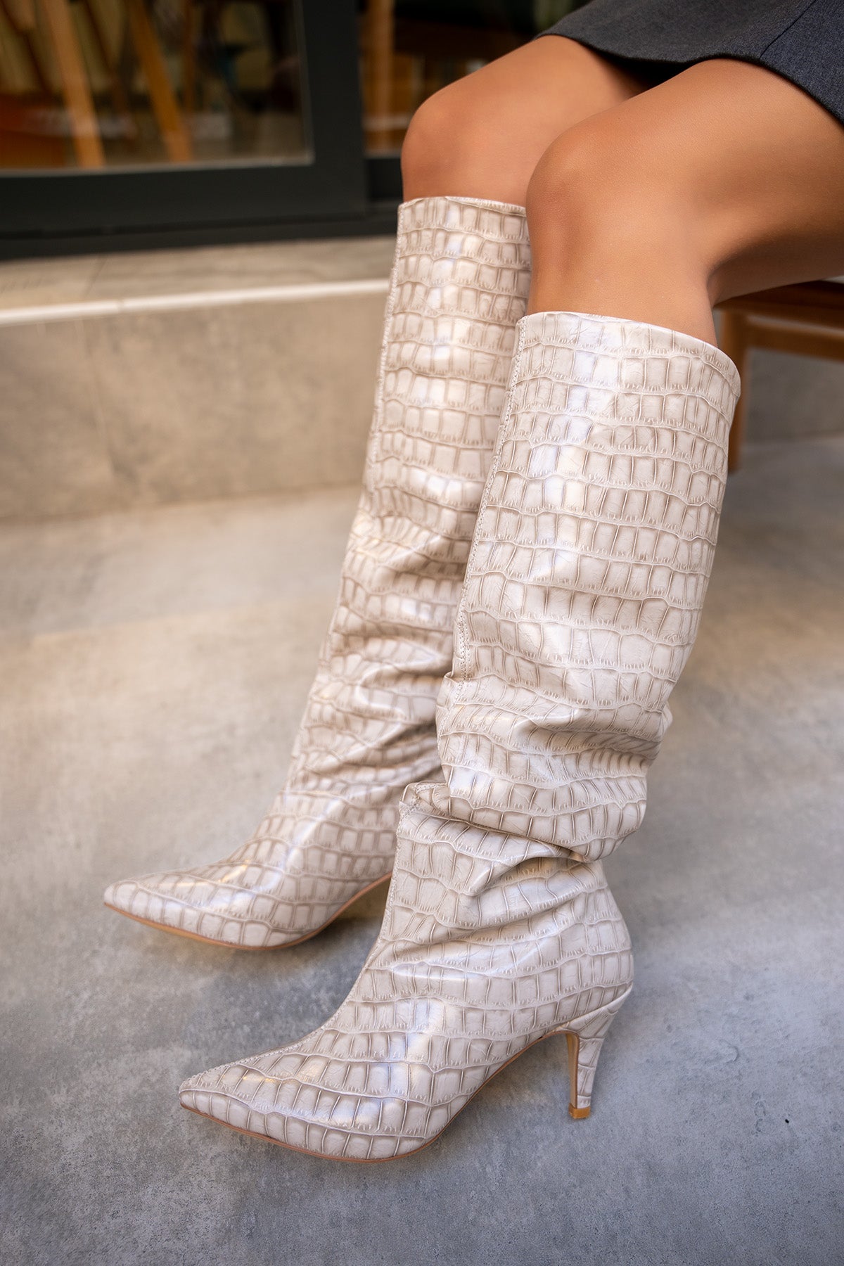 Wenda Kroko Desenli Çizme - BEJ